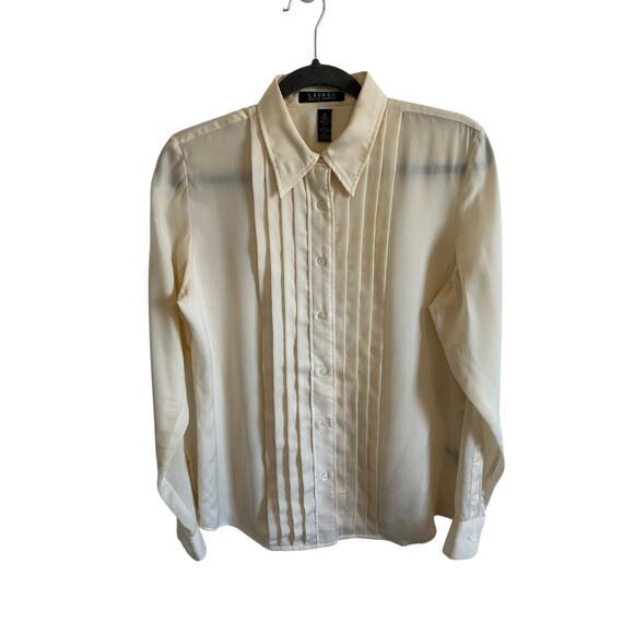 Lauren by Ralph Lauren Women's Medium Cream Pleated Front Collar Button Up Top - Picture 2 of 11